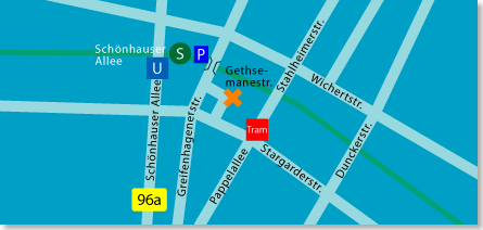 Stadtplanausschnitt mit der Gethsemanestr. und den nächstliegendem U- und S-Bahnhof Schönhauser Allee
